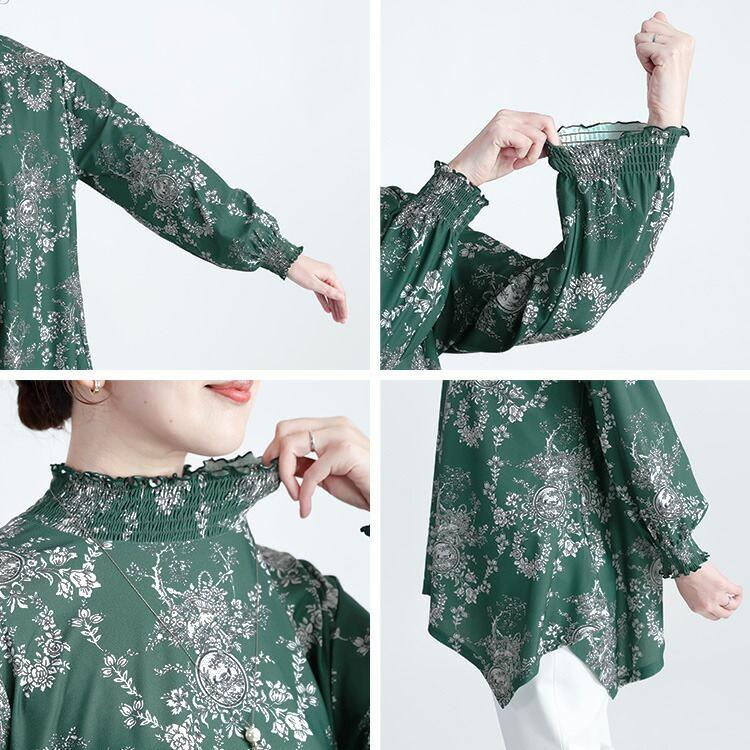 【送料無料】 花柄シャーリングチュニック M L 洗える レディース トップス チュニック ロングチュニック 長袖 ぽわん袖 シャーリング衿 体型カバー 春秋 |  | 12