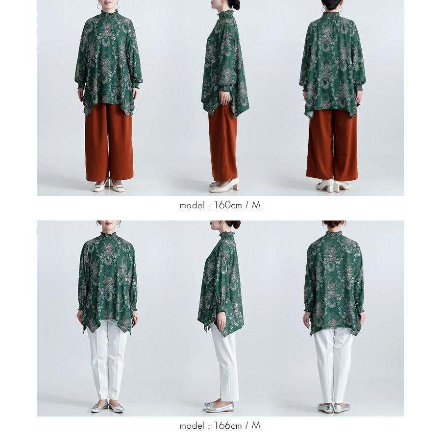 【送料無料】 花柄シャーリングチュニック M L 洗える レディース トップス チュニック ロングチュニック 長袖 ぽわん袖 シャーリング衿 体型カバー 春秋 |  | 13
