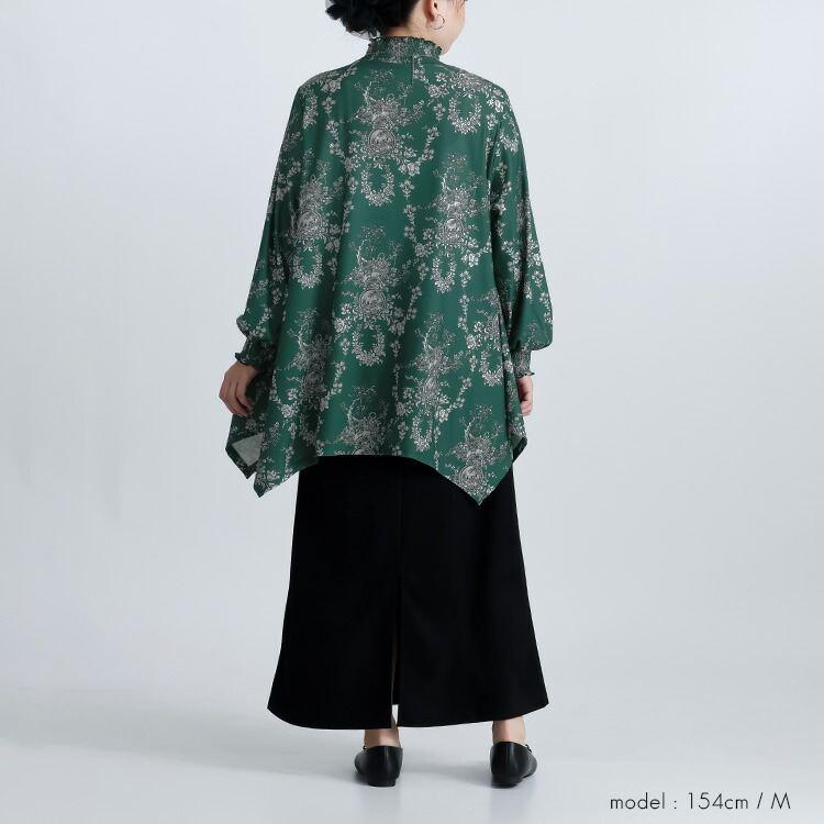 【送料無料】 花柄シャーリングチュニック M L 洗える レディース トップス チュニック ロングチュニック 長袖 ぽわん袖 シャーリング衿 体型カバー 春秋 |  | 05