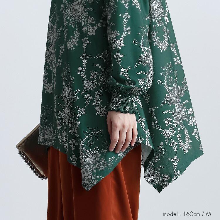 【送料無料】 花柄シャーリングチュニック M L 洗える レディース トップス チュニック ロングチュニック 長袖 ぽわん袖 シャーリング衿 体型カバー 春秋 |  | 06