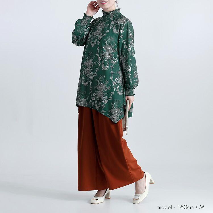 【送料無料】 花柄シャーリングチュニック M L 洗える レディース トップス チュニック ロングチュニック 長袖 ぽわん袖 シャーリング衿 体型カバー 春秋 |  | 07