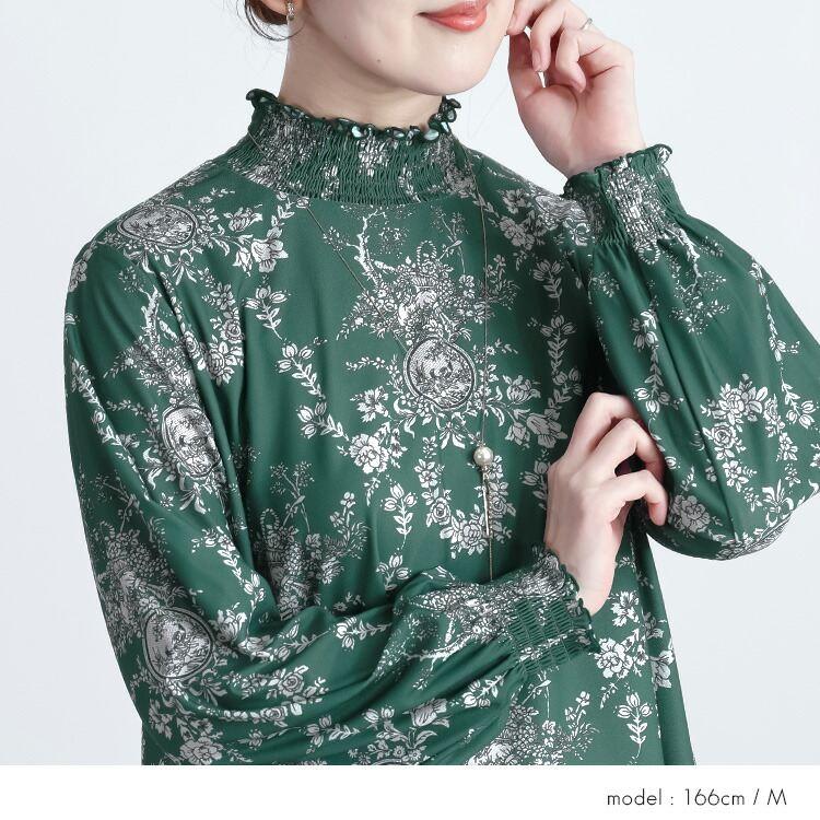 【送料無料】 花柄シャーリングチュニック M L 洗える レディース トップス チュニック ロングチュニック 長袖 ぽわん袖 シャーリング衿 体型カバー 春秋 |  | 08