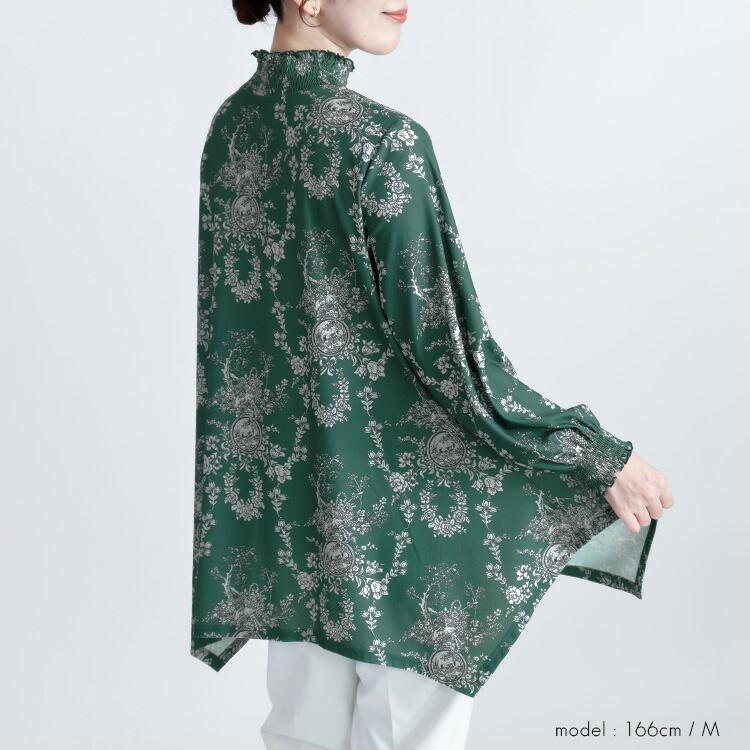 【送料無料】 花柄シャーリングチュニック M L 洗える レディース トップス チュニック ロングチュニック 長袖 ぽわん袖 シャーリング衿 体型カバー 春秋 |  | 09