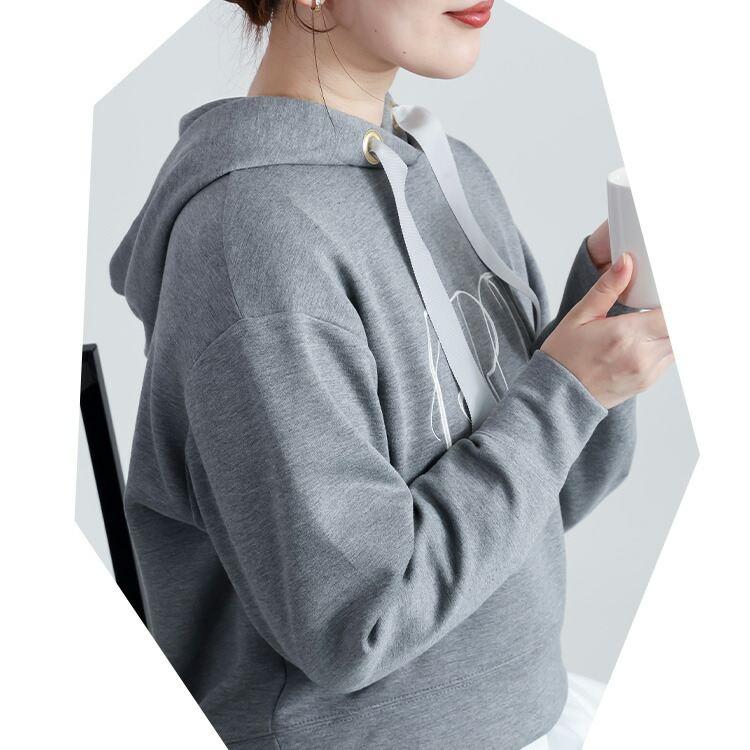 【新作】【送料無料】 ロゴ刺繍ダンボールニットパーカー 2色 M L 洗える 長袖 レディース トップス パーカー プルオーバー トレーナー ロゴ 刺繍 フード付 |  | 11