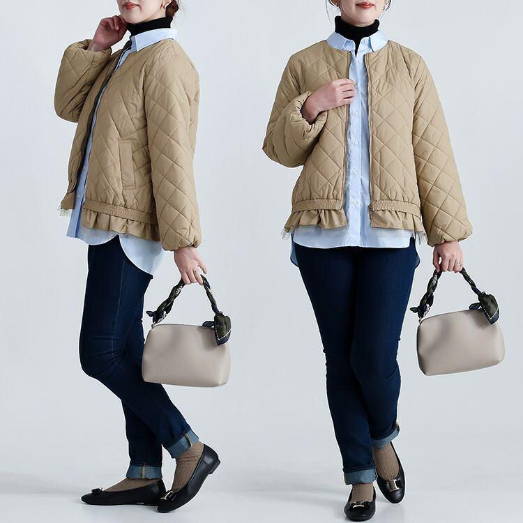 【新作】【送料無料】 裾フリル使い中綿ジャケット(フリル取外し可) 3色 M L 洗える 中綿 長袖 レディース アウター ジャケット コート ブルゾン 中わた |  | 08