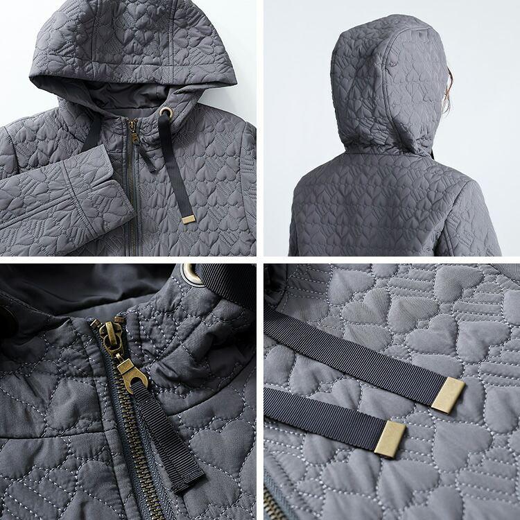 【新作】【送料無料】 ハート柄キルト中綿ジャケット 3色 M L 長袖 レディース アウター ジャケット コート フーディー フード付き ハート柄 体型カバー 中綿 |  | 15