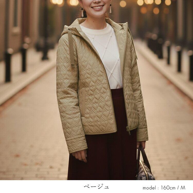 【新作】【送料無料】 ハート柄キルト中綿ジャケット 3色 M L 長袖 レディース アウター ジャケット コート フーディー フード付き ハート柄 体型カバー 中綿 |  | 05
