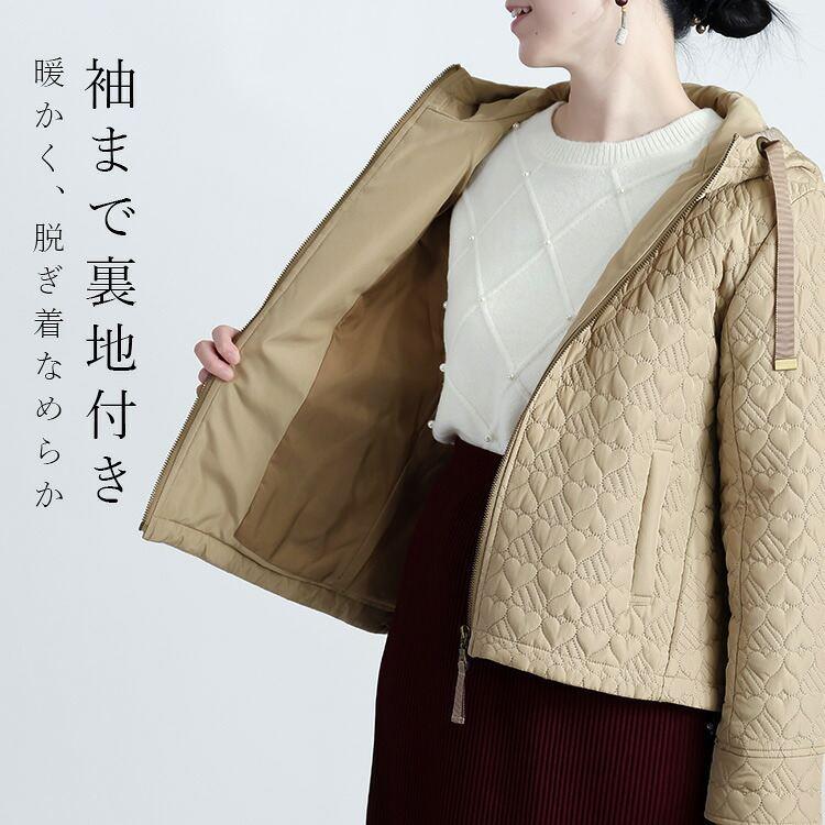 【新作】【送料無料】 ハート柄キルト中綿ジャケット 3色 M L 長袖 レディース アウター ジャケット コート フーディー フード付き ハート柄 体型カバー 中綿 |  | 07