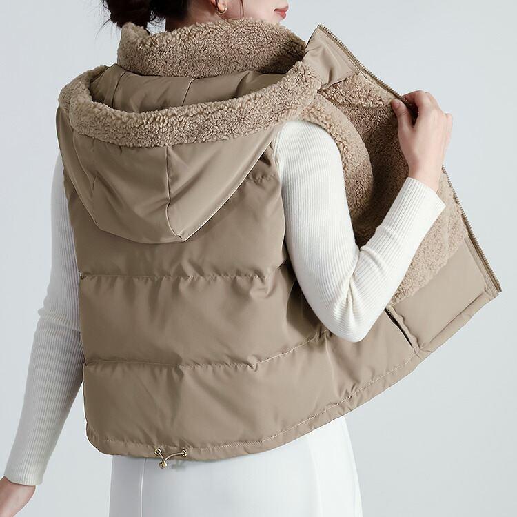 【新作】【送料無料】 プードルボア使い中綿ベスト 3色 M L レディース アウター ベスト 中わた フード付き 裾ドロスト仕様 大人 きれいめ かわいい 暖かい |  | 10