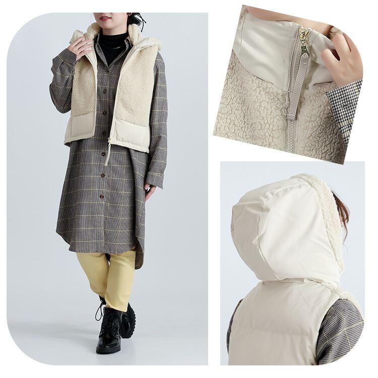 【新作】【送料無料】 プードルボア使い中綿ベスト 3色 M L レディース アウター ベスト 中わた フード付き 裾ドロスト仕様 大人 きれいめ かわいい 暖かい |  | 06