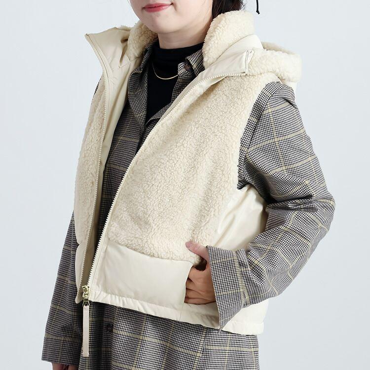 【新作】【送料無料】 プードルボア使い中綿ベスト 3色 M L レディース アウター ベスト 中わた フード付き 裾ドロスト仕様 大人 きれいめ かわいい 暖かい |  | 07