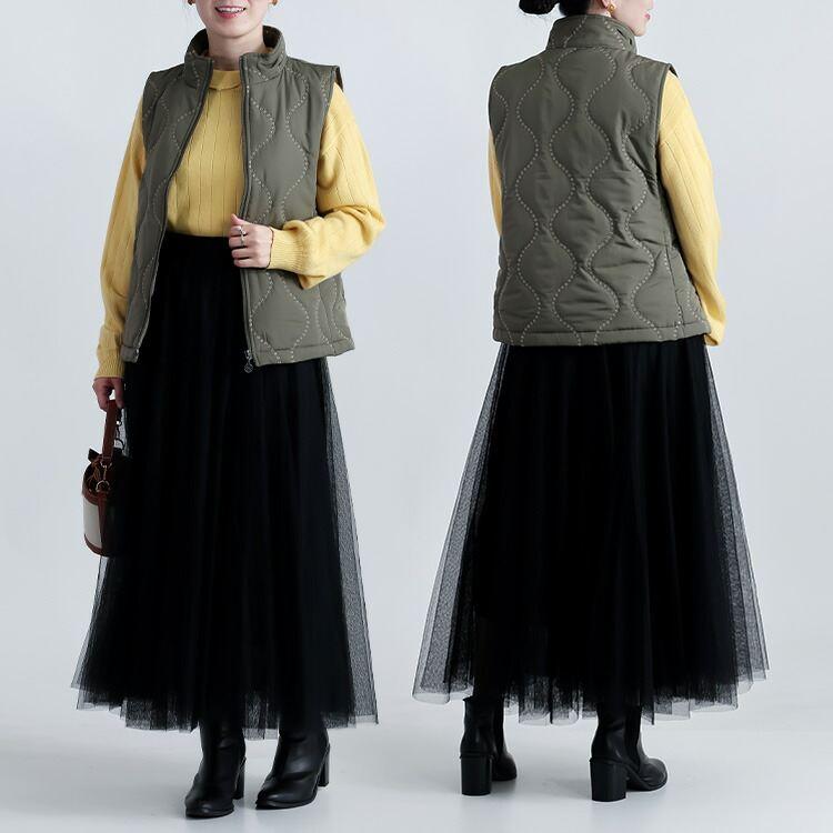 【新作】【送料無料】 刺繍キルティングベスト 3色 M-LL 中綿 軽量 レディース トップス アウター ベスト キルト 裏配色 配色ステッチ デザインステッチ 波柄 |  | 10