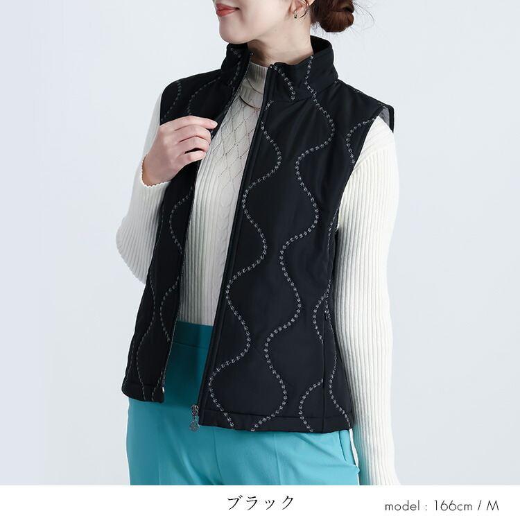 【新作】【送料無料】 刺繍キルティングベスト 3色 M-LL 中綿 軽量 レディース トップス アウター ベスト キルト 裏配色 配色ステッチ デザインステッチ 波柄 |  | 11