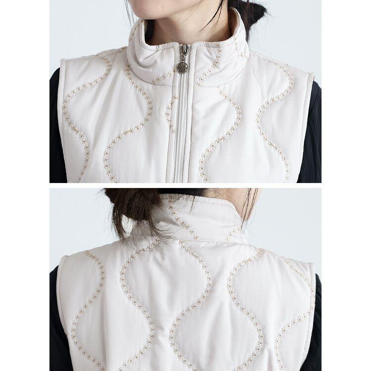 【新作】【送料無料】 刺繍キルティングベスト 3色 M-LL 中綿 軽量 レディース トップス アウター ベスト キルト 裏配色 配色ステッチ デザインステッチ 波柄 |  | 13