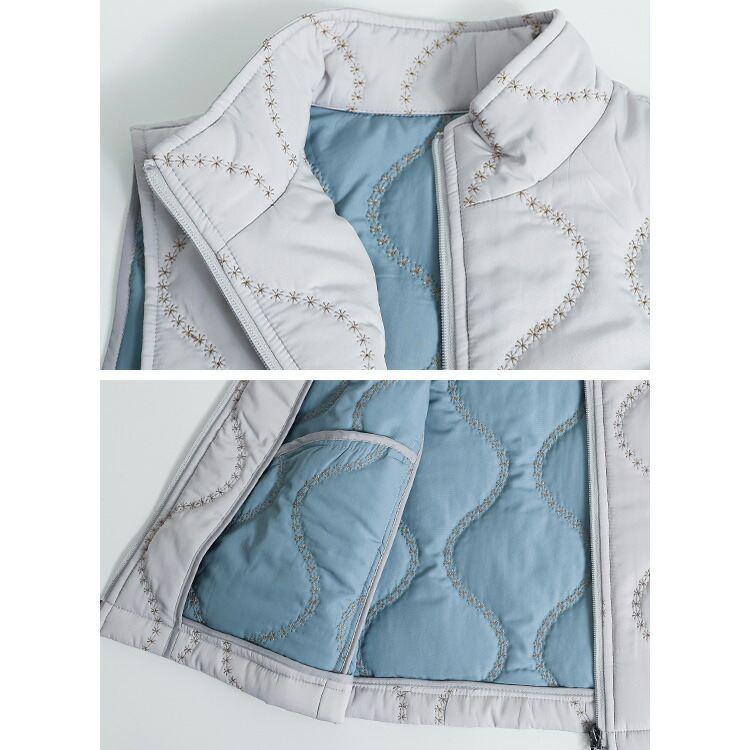 【新作】【送料無料】 刺繍キルティングベスト 3色 M-LL 中綿 軽量 レディース トップス アウター ベスト キルト 裏配色 配色ステッチ デザインステッチ 波柄 |  | 14