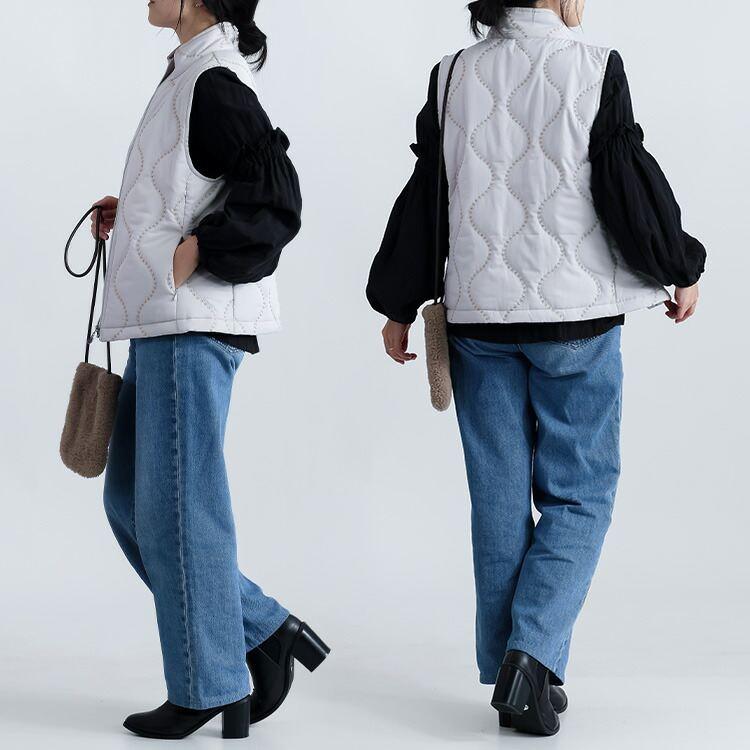 【新作】【送料無料】 刺繍キルティングベスト 3色 M-LL 中綿 軽量 レディース トップス アウター ベスト キルト 裏配色 配色ステッチ デザインステッチ 波柄 |  | 07