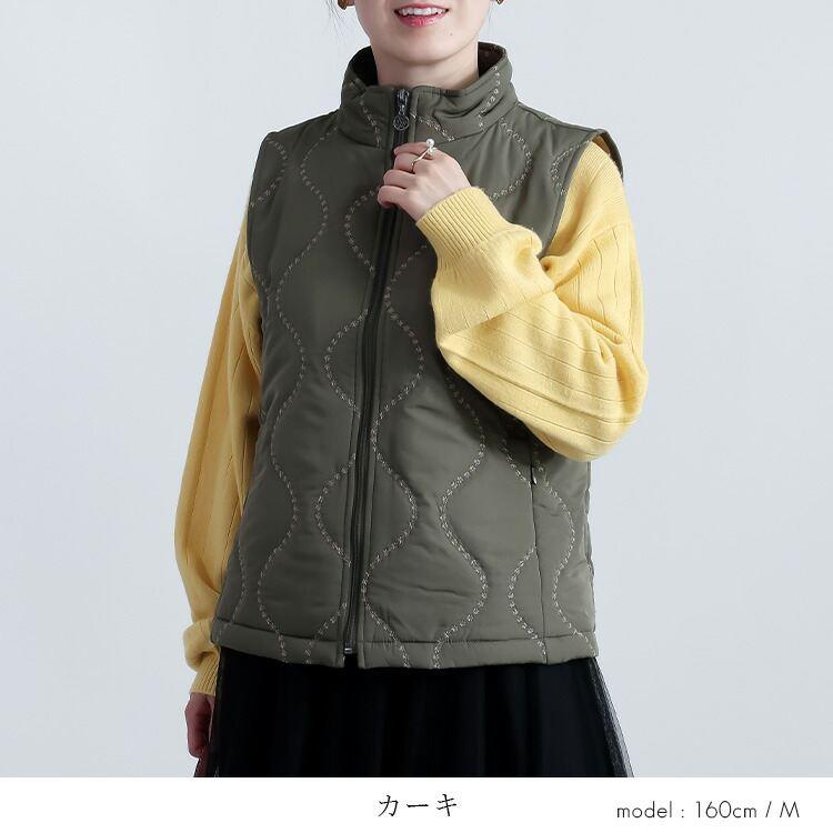 【新作】【送料無料】 刺繍キルティングベスト 3色 M-LL 中綿 軽量 レディース トップス アウター ベスト キルト 裏配色 配色ステッチ デザインステッチ 波柄 |  | 08