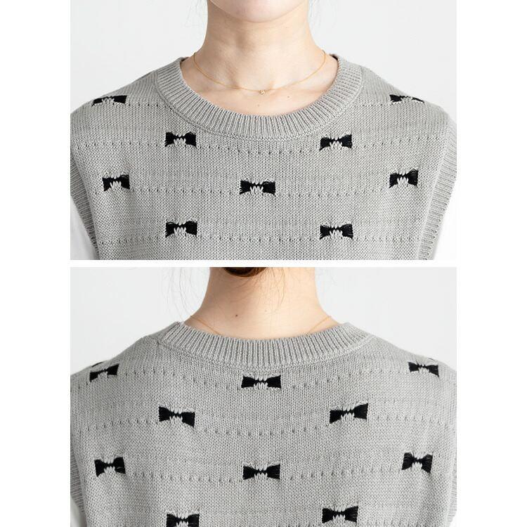 【送料無料】 リボン柄ニットベスト 4色 M-L 洗える ノースリーブ レディース ベスト ニット リブ ラウンドネック リボン コットン 綿 コットン混 綿混 |  | 13