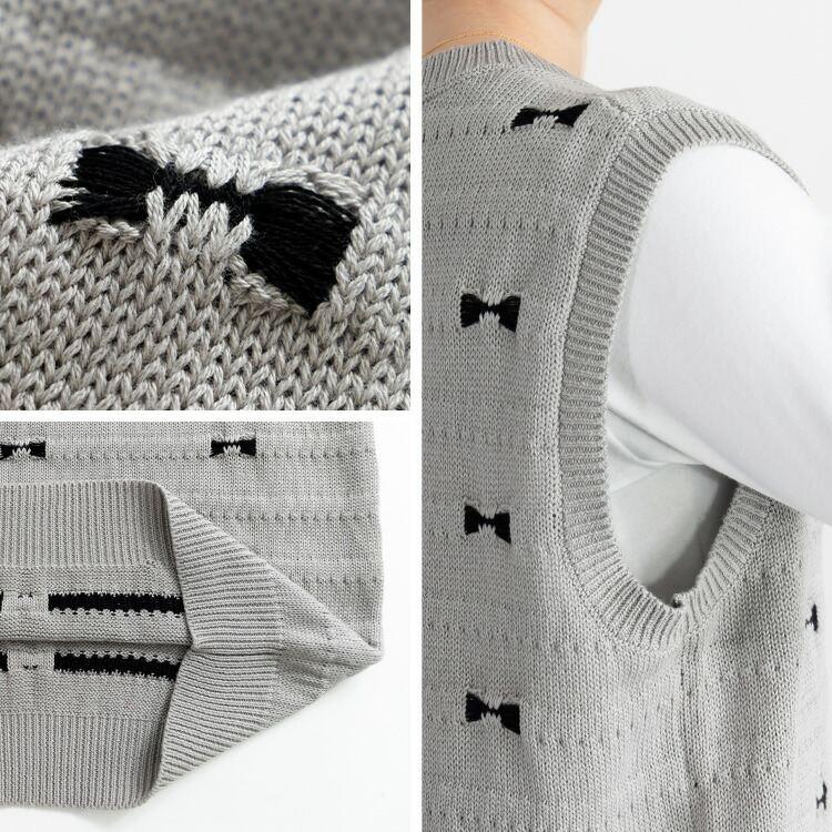 【送料無料】 リボン柄ニットベスト 4色 M-L 洗える ノースリーブ レディース ベスト ニット リブ ラウンドネック リボン コットン 綿 コットン混 綿混 |  | 14