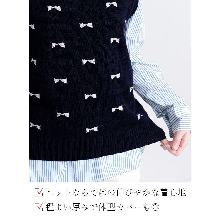 【送料無料】 リボン柄ニットベスト 4色 M-L 洗える ノースリーブ レディース ベスト ニット リブ ラウンドネック リボン コットン 綿 コットン混 綿混 |  | 03