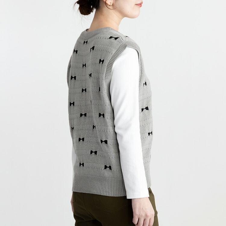 【送料無料】 リボン柄ニットベスト 4色 M-L 洗える ノースリーブ レディース ベスト ニット リブ ラウンドネック リボン コットン 綿 コットン混 綿混 |  | 08