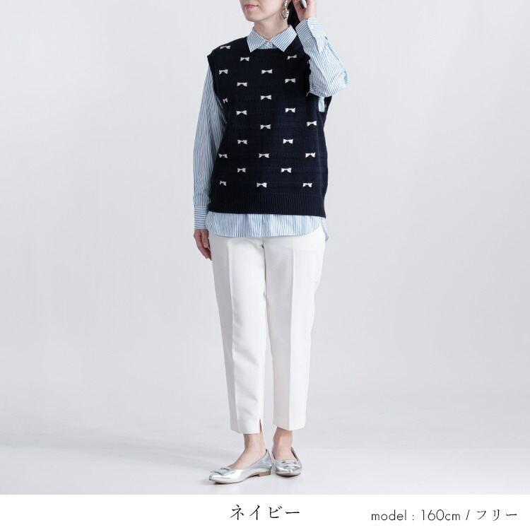 【送料無料】 リボン柄ニットベスト 4色 M-L 洗える ノースリーブ レディース ベスト ニット リブ ラウンドネック リボン コットン 綿 コットン混 綿混 |  | 09
