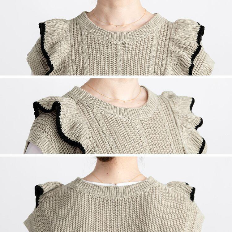 【大幅値下】 フリルニットベスト 4色 M-L 洗える ノースリーブ レディース トップス ベスト ニット 重ね着 ラウンドネック リブ 綿混 フリル 春秋冬 |  | 14