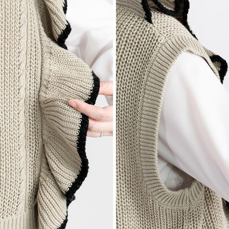 【大幅値下】 フリルニットベスト 4色 M-L 洗える ノースリーブ レディース トップス ベスト ニット 重ね着 ラウンドネック リブ 綿混 フリル 春秋冬 |  | 15