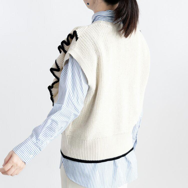 【大幅値下】 フリルニットベスト 4色 M-L 洗える ノースリーブ レディース トップス ベスト ニット 重ね着 ラウンドネック リブ 綿混 フリル 春秋冬 |  | 06