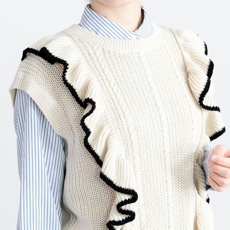 【大幅値下】 フリルニットベスト 4色 M-L 洗える ノースリーブ レディース トップス ベスト ニット 重ね着 ラウンドネック リブ 綿混 フリル 春秋冬 |  | 07