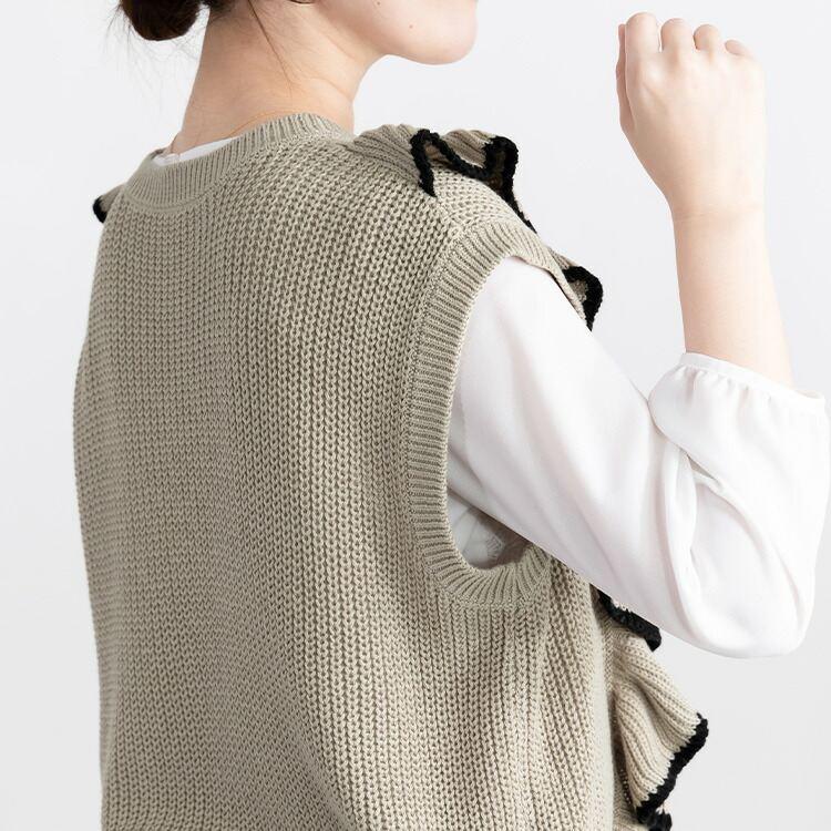 【大幅値下】 フリルニットベスト 4色 M-L 洗える ノースリーブ レディース トップス ベスト ニット 重ね着 ラウンドネック リブ 綿混 フリル 春秋冬 |  | 09