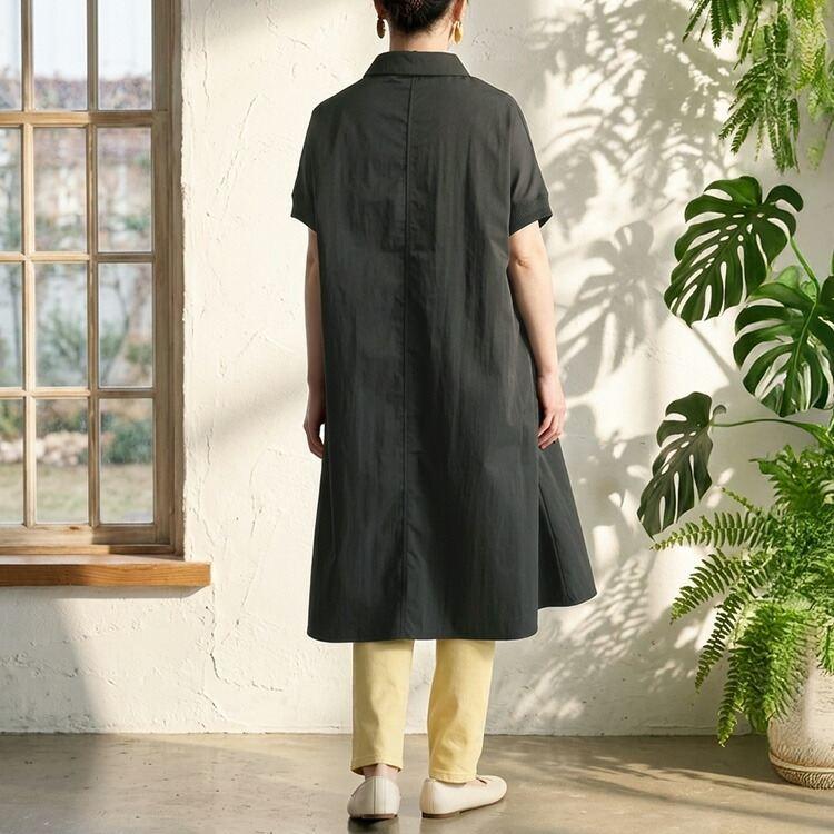 【送料無料/再入荷】 衿付きワンピチュニック 5色 M-L 洗える 半袖 レディース トップス ロング チュニック ワンピース 体型カバー シャツワンピ 楽ちん 春夏秋 |  | 16