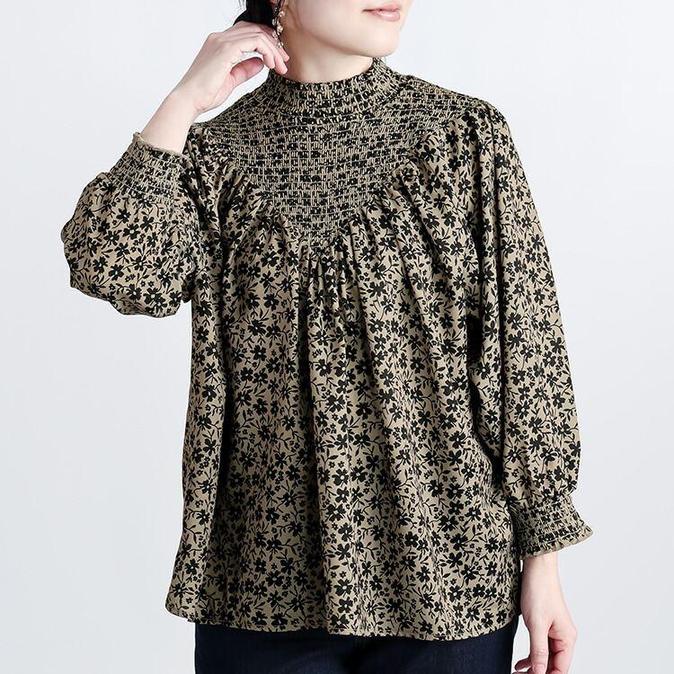 【再入荷】【送料無料】 シャーリングプルオーバー 3色 M-L 洗える レディース トップス カットソー ハイネック シャーリング フリル衿 花柄 小花柄 体型カバー |  | 10