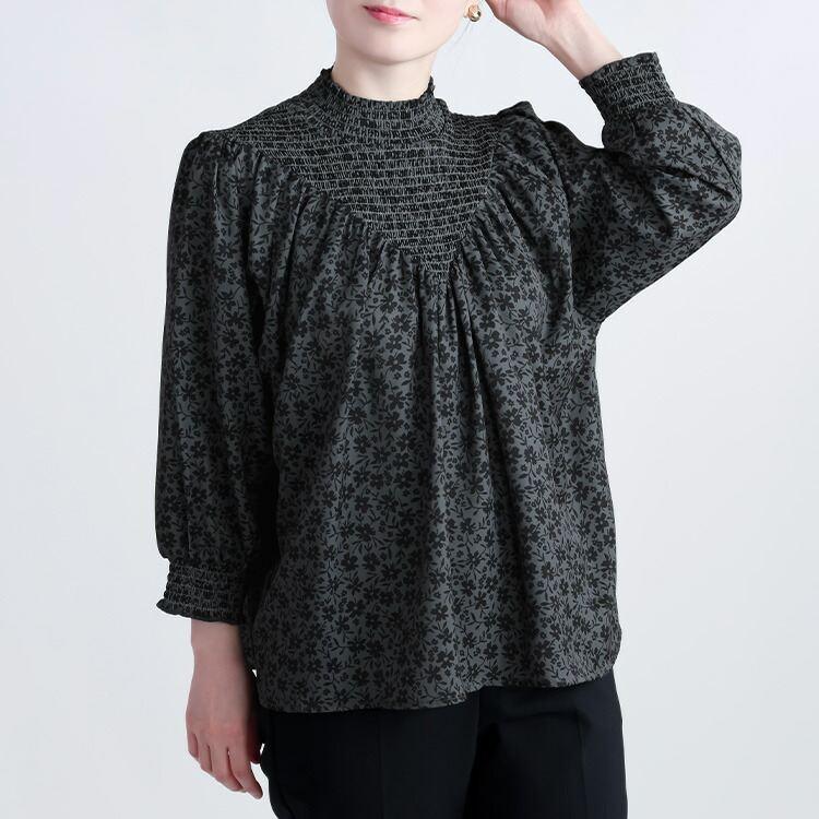 【再入荷】【送料無料】 シャーリングプルオーバー 3色 M-L 洗える レディース トップス カットソー ハイネック シャーリング フリル衿 花柄 小花柄 体型カバー |  | 13