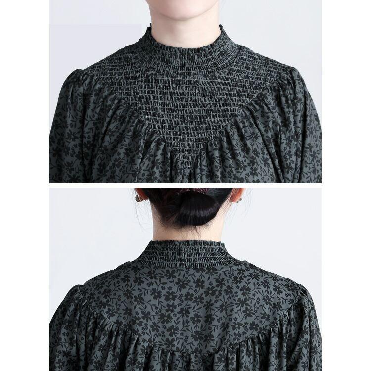 【再入荷】【送料無料】 シャーリングプルオーバー 3色 M-L 洗える レディース トップス カットソー ハイネック シャーリング フリル衿 花柄 小花柄 体型カバー |  | 14