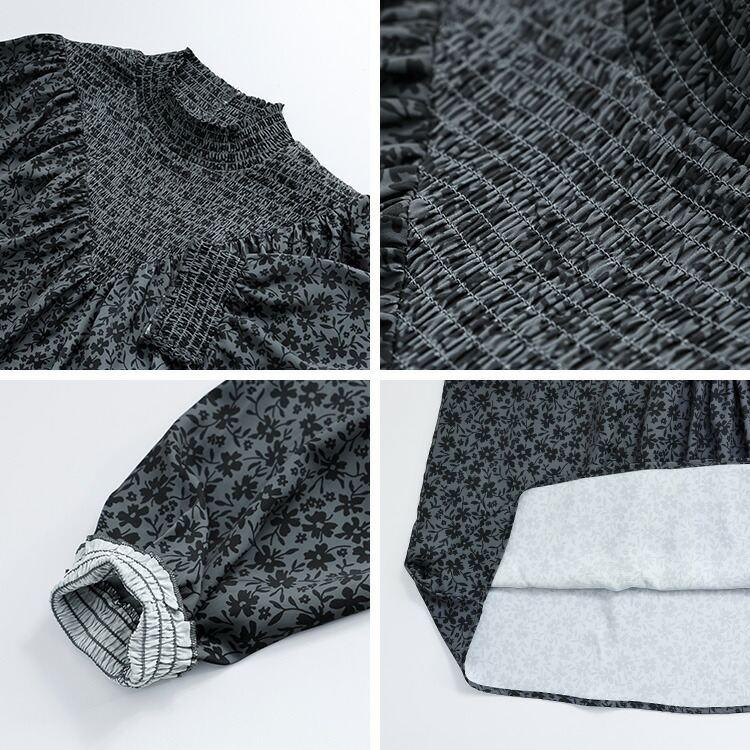 【再入荷】【送料無料】 シャーリングプルオーバー 3色 M-L 洗える レディース トップス カットソー ハイネック シャーリング フリル衿 花柄 小花柄 体型カバー |  | 15