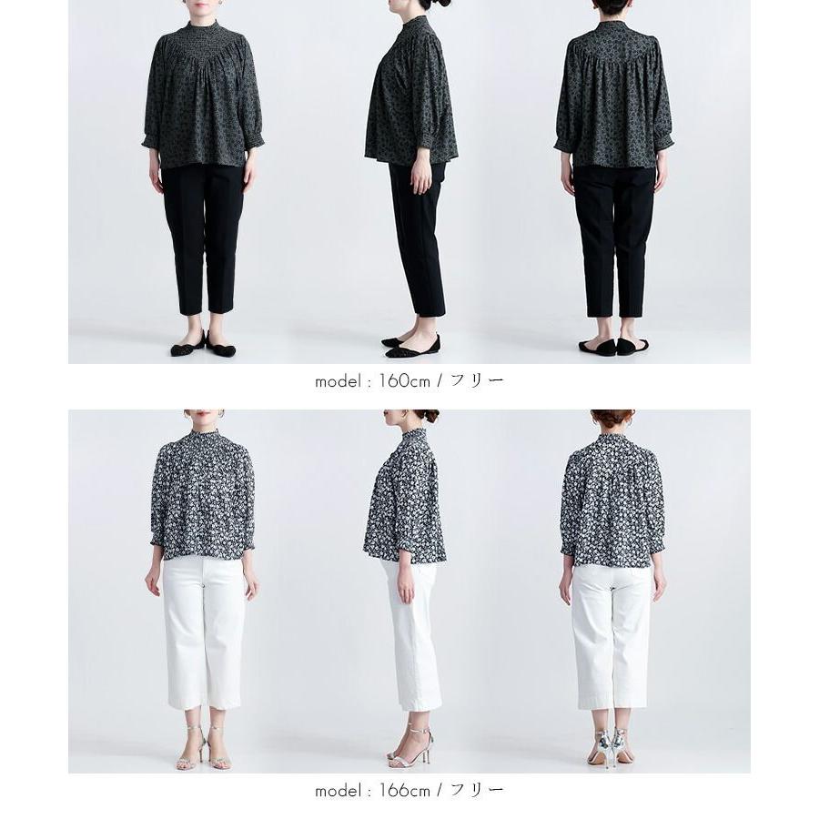【再入荷】【送料無料】 シャーリングプルオーバー 3色 M-L 洗える レディース トップス カットソー ハイネック シャーリング フリル衿 花柄 小花柄 体型カバー |  | 16