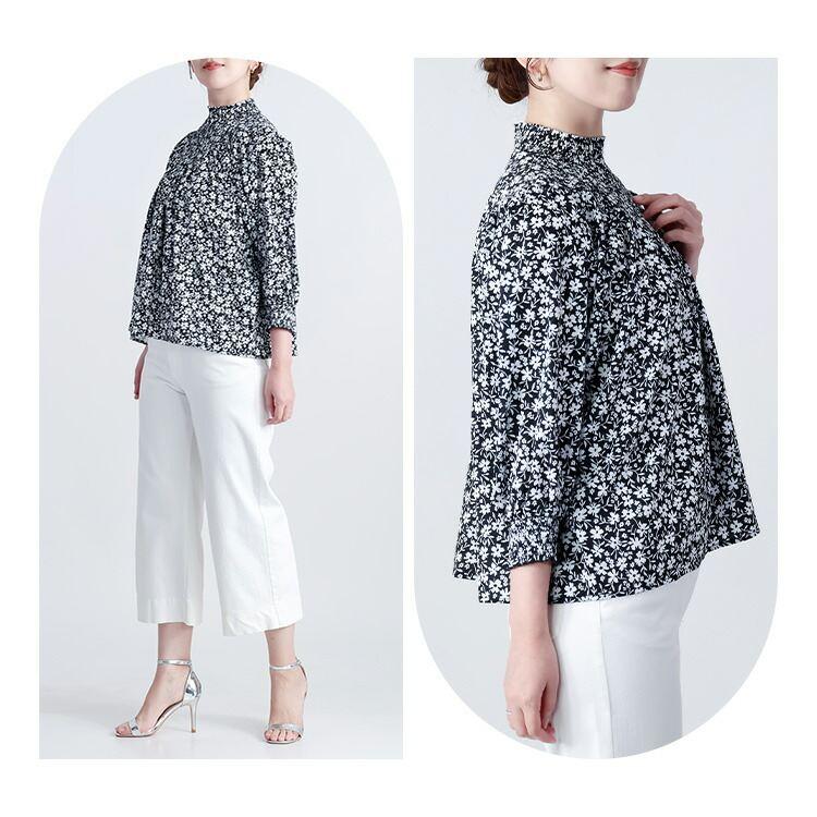 【再入荷】【送料無料】 シャーリングプルオーバー 3色 M-L 洗える レディース トップス カットソー ハイネック シャーリング フリル衿 花柄 小花柄 体型カバー |  | 06