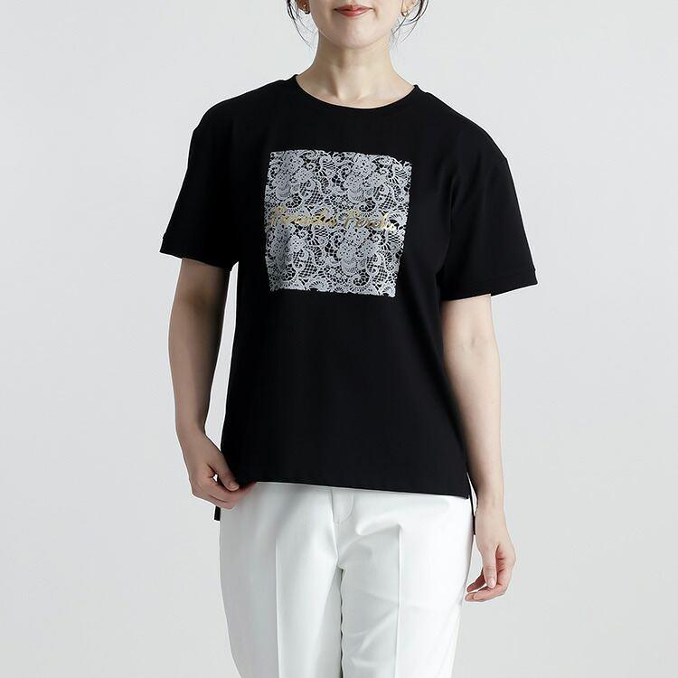 【送料無料/再入荷】ラメプリントTシャツ 3色 M-L 洗える 半袖 レディース トップス カットソー Tシャツ クルーネック ラウンドネック 体型カバー 綿混 ロゴT |  | 15