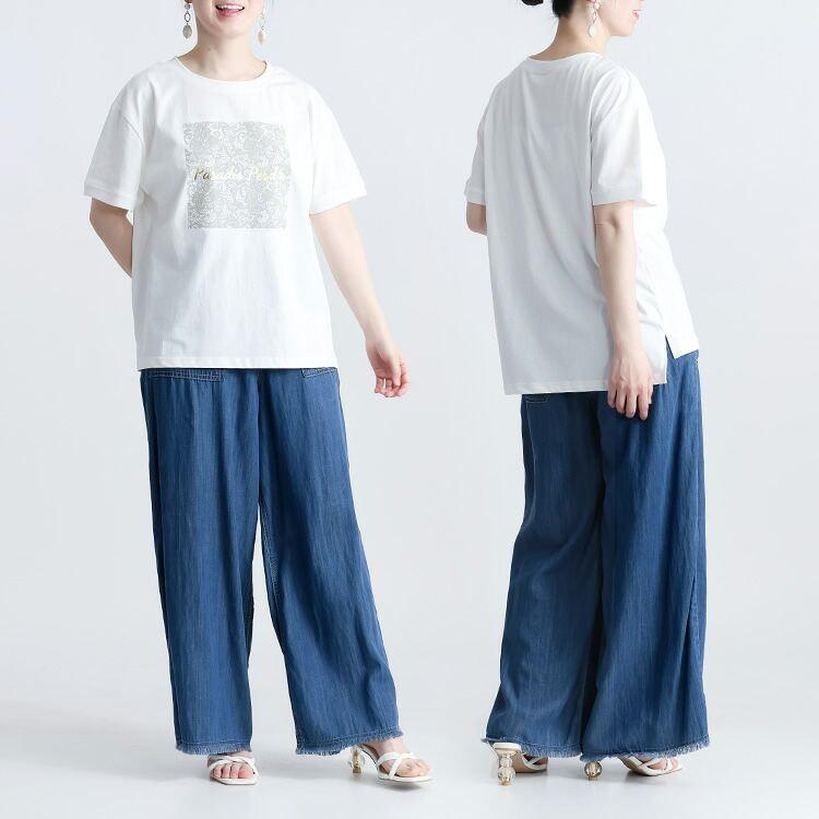 【送料無料/再入荷】ラメプリントTシャツ 3色 M-L 洗える 半袖 レディース トップス カットソー Tシャツ クルーネック ラウンドネック 体型カバー 綿混 ロゴT |  | 09