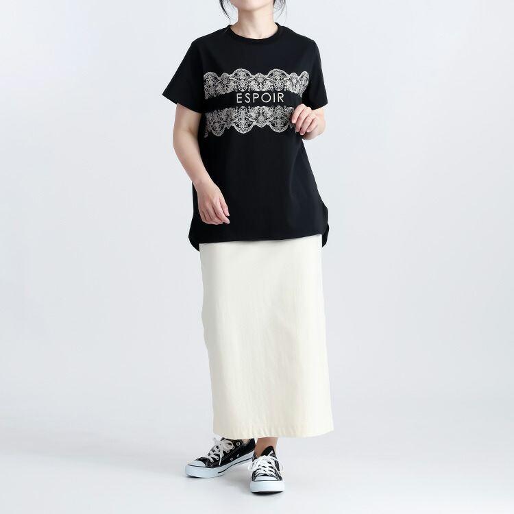 【送料無料】 エンボスロゴ×レースプリントTシャツ 3色 M-L 洗える 半袖 レディース トップス Tシャツ カットソー クルーネック スリット 綿 夏 |  | 11