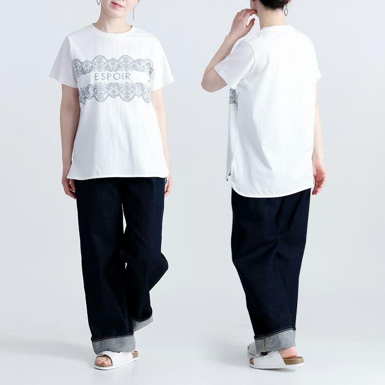 【送料無料】 エンボスロゴ×レースプリントTシャツ 3色 M-L 洗える 半袖 レディース トップス Tシャツ カットソー クルーネック スリット 綿 夏 |  | 05
