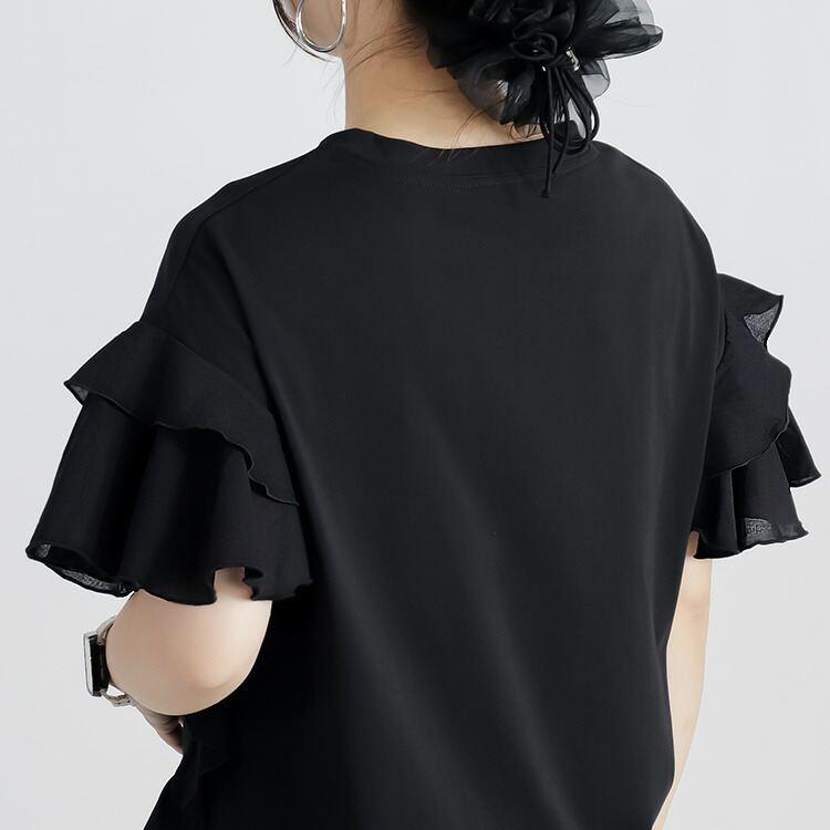 【送料無料】 フリル袖ドルマンTシャツ 3色 M-L 洗える フリル袖 半袖 レディース トップス Tシャツ カットソー クルーネック フリル ドルマン ロゴT 綿 夏 |  | 11