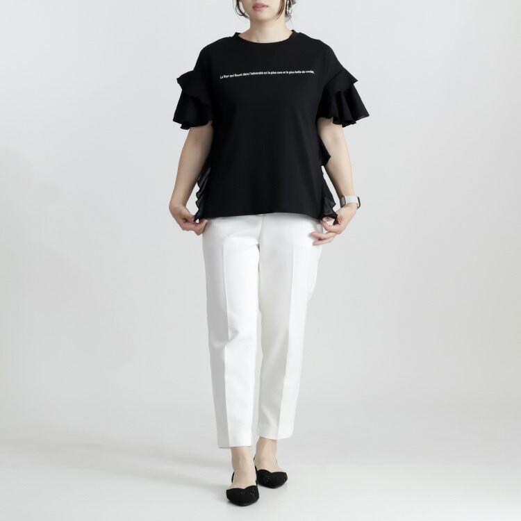 【送料無料】 フリル袖ドルマンTシャツ 3色 M-L 洗える フリル袖 半袖 レディース トップス Tシャツ カットソー クルーネック フリル ドルマン ロゴT 綿 夏 |  | 12