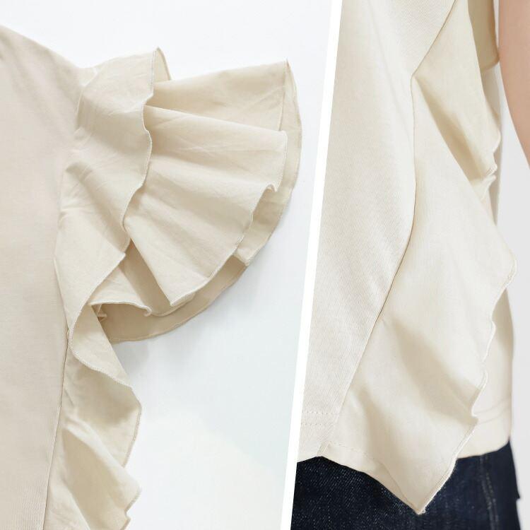 【送料無料】 フリル袖ドルマンTシャツ 3色 M-L 洗える フリル袖 半袖 レディース トップス Tシャツ カットソー クルーネック フリル ドルマン ロゴT 綿 夏 |  | 14