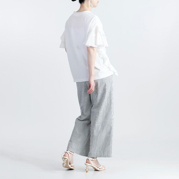 【送料無料】 フリル袖ドルマンTシャツ 3色 M-L 洗える フリル袖 半袖 レディース トップス Tシャツ カットソー クルーネック フリル ドルマン ロゴT 綿 夏 |  | 06