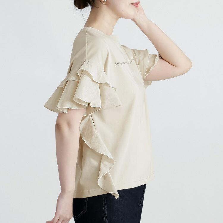 【送料無料】 フリル袖ドルマンTシャツ 3色 M-L 洗える フリル袖 半袖 レディース トップス Tシャツ カットソー クルーネック フリル ドルマン ロゴT 綿 夏 |  | 09