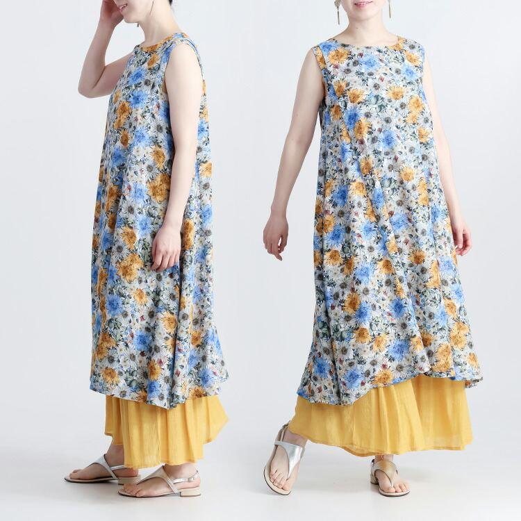 【送料無料】 花柄ワンピース 3色 M-L 洗える ノースリーブ レディース トップス ワンピース ロングチュニック クルーネック リゾート気分 夏 |  | 12