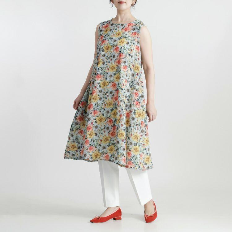 【送料無料】 花柄ワンピース 3色 M-L 洗える ノースリーブ レディース トップス ワンピース ロングチュニック クルーネック リゾート気分 夏 |  | 05