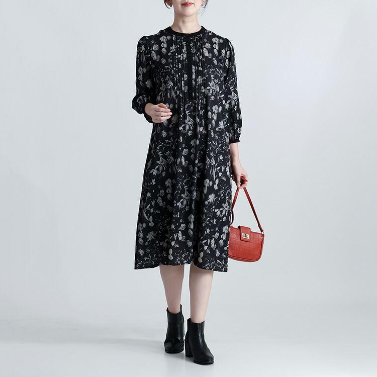 【送料無料】 花柄ピンタックワンピース 3色 M-L 洗える 八分袖 レディース トップス ワンピース Aライン ラウンドネック 総柄 花柄 ピンタック 春秋 |  | 12